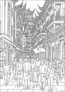 Ajetreada calle de Pekín, rodeada de edificios típicos