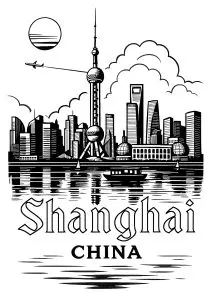 Cartel de Shanghái, con el distrito de Pudong y sus edificios