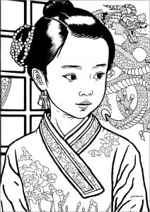 Coloring chinese girl and dragon