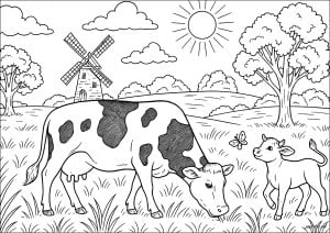 Serene grazing. A Holstein cow grazes peacefully in a green meadow, while a calf plays with a butterfly. In the background, an old windmill and leafy trees complete this peaceful country scene under a sunny sky. Serene grazing