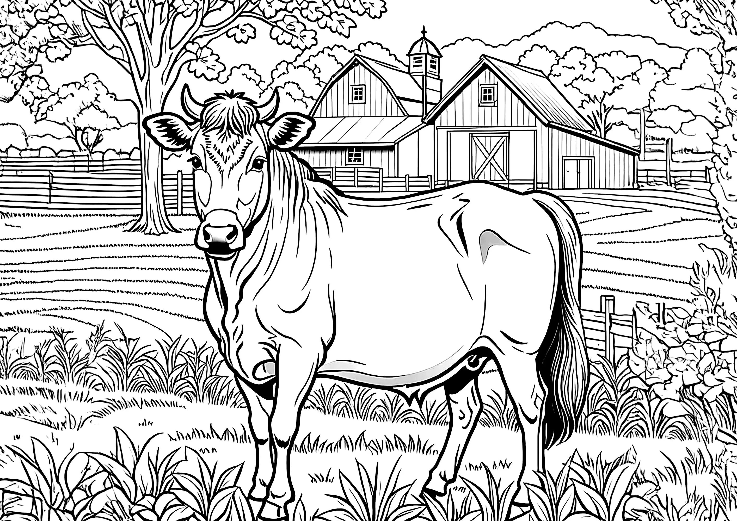 Beautiful cow on a farm (Printable Coloring Page for adults)