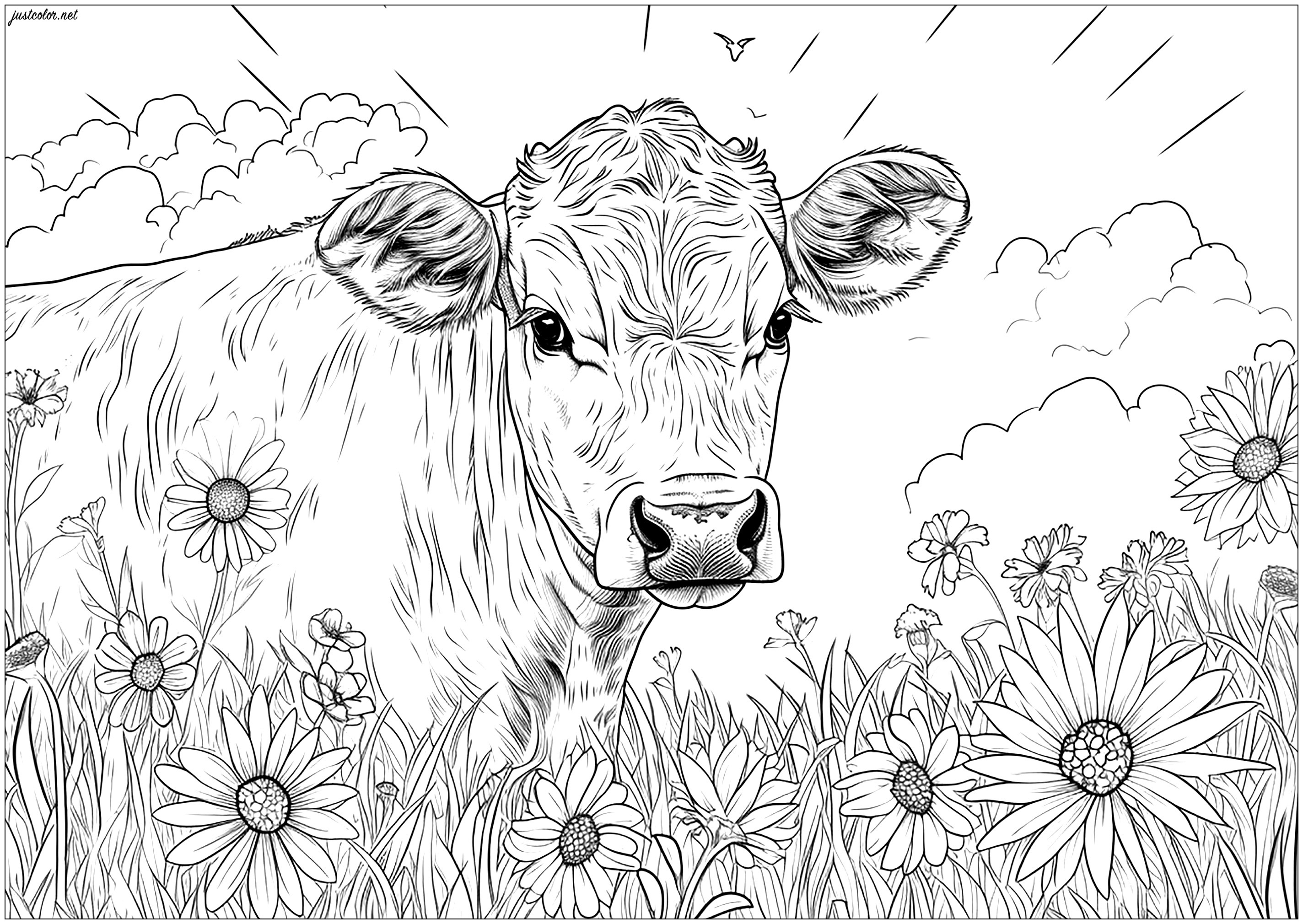 Pretty cow in flower-filled meadows - Cows Adult Coloring Pages