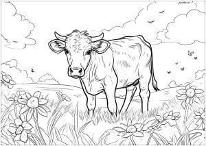 Cow in a field - 5 (Coloring Page)