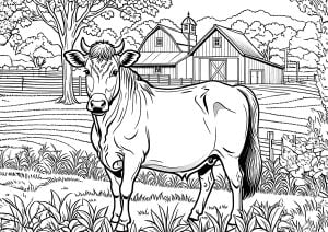 Beautiful cow on a farm (Coloring Page)