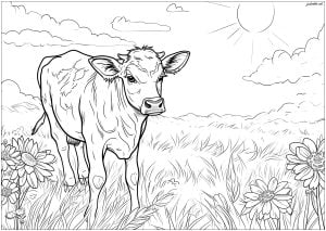 Cow in a field - 1 (Coloring Page)