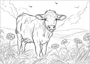 Cow in a field - 2 (Coloring Page)