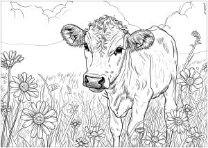 Cow in a field - 4 (Coloring Page)