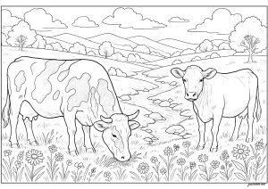Cattle duo in meadows (Cow Coloring Page)