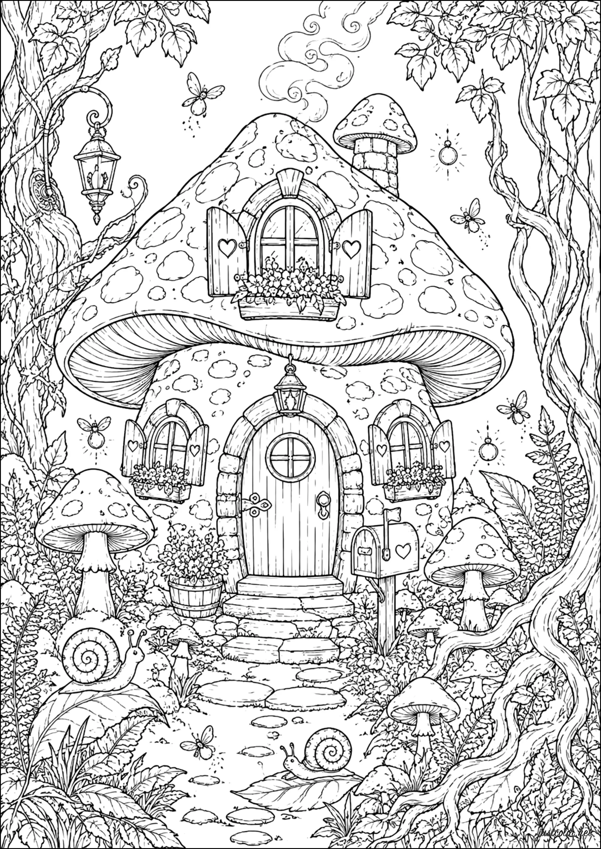 Mushroom house with snails and insects (Printable Cozy & Cottagecore Coloring Page for adults)