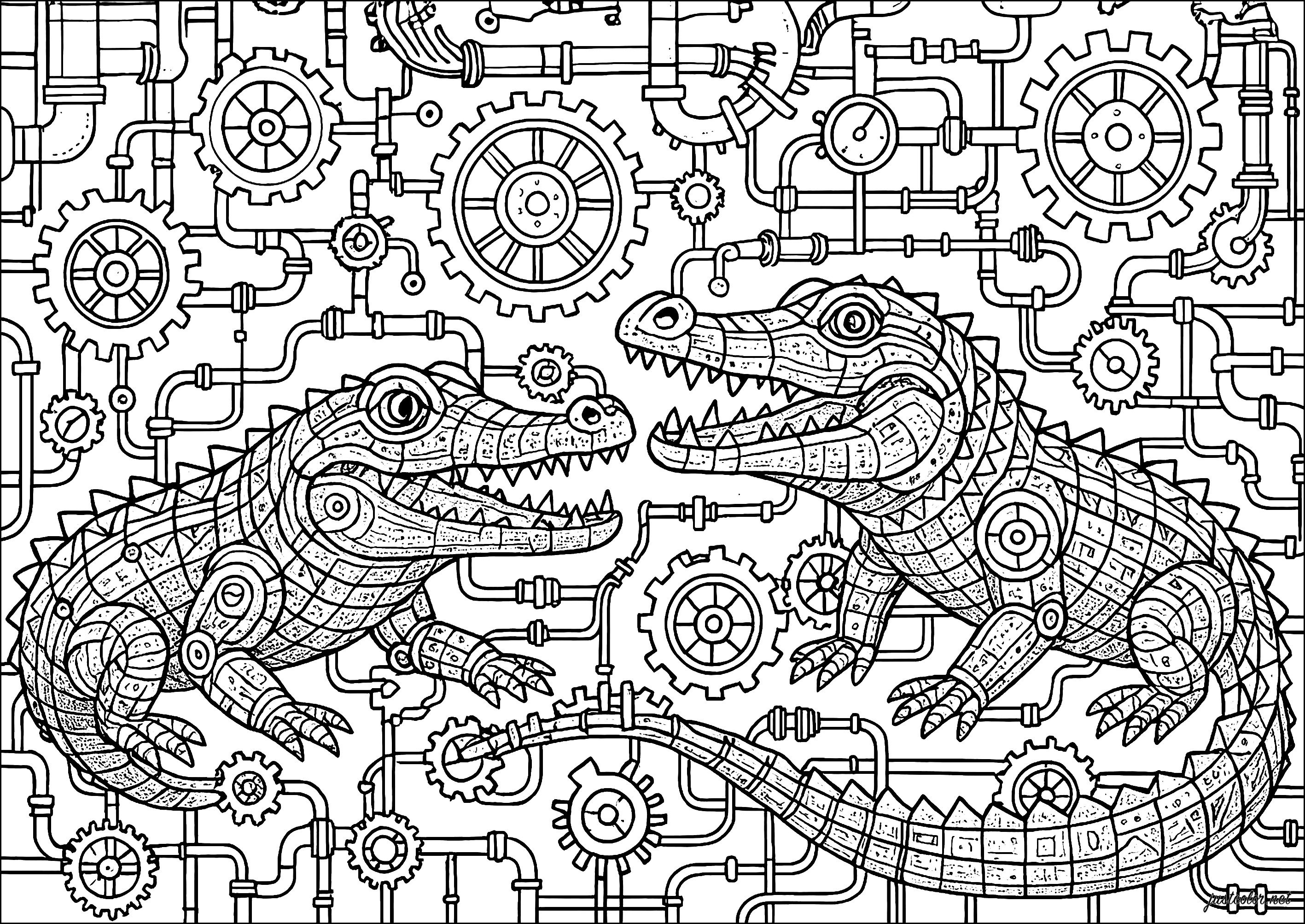 Steampunk crocodiles (Printable Coloring Page for adults)