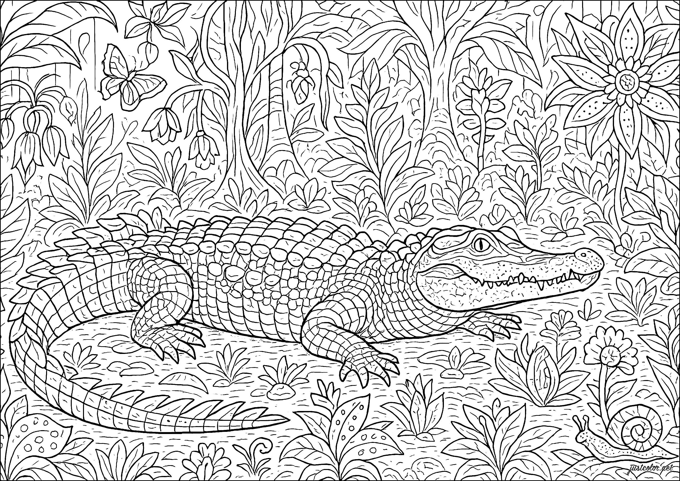 Crocidile in a green setting (Printable Crocodile Coloring Page for adults)