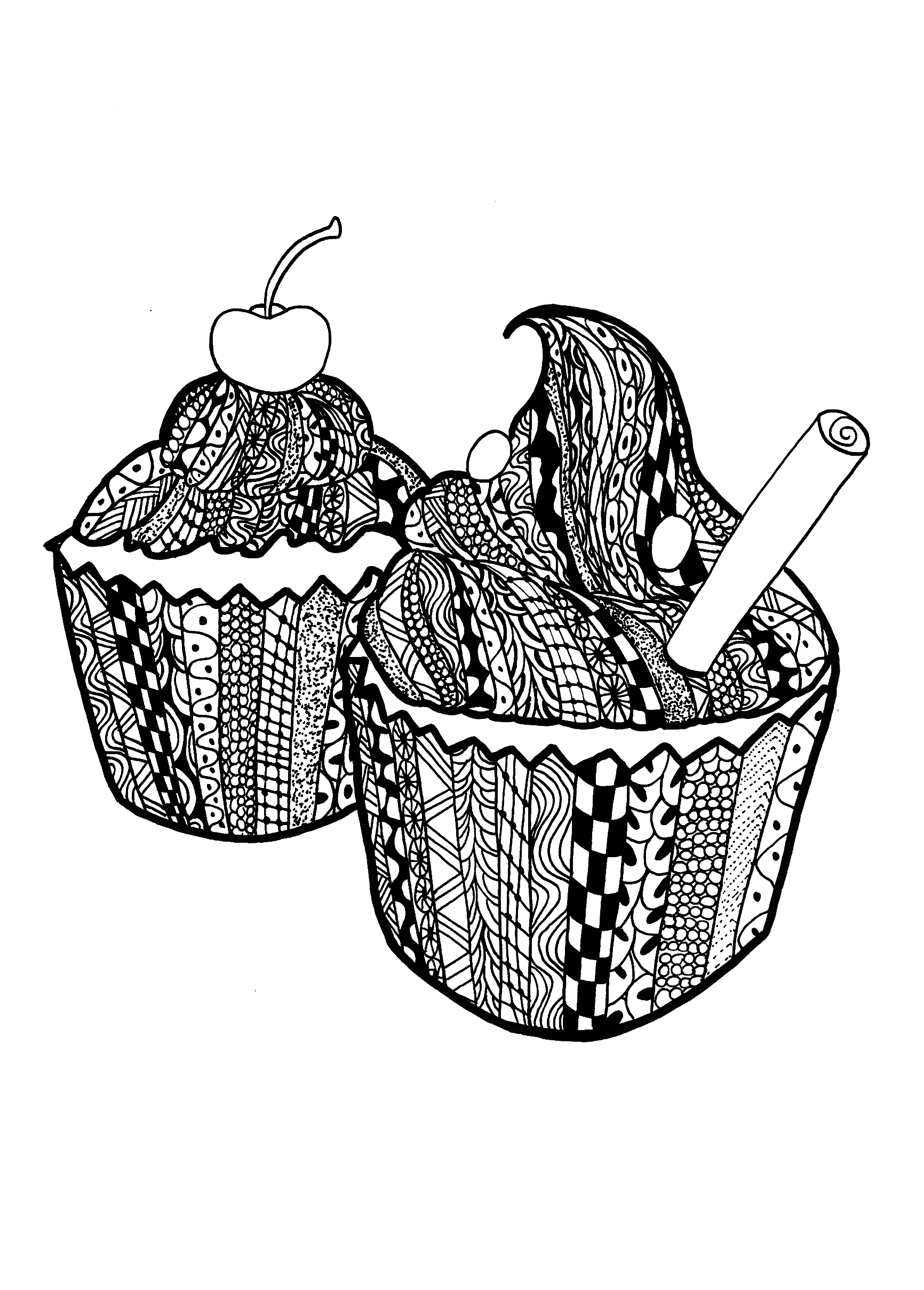 Two cupcakes with zentangle patterns, Artist : Celine