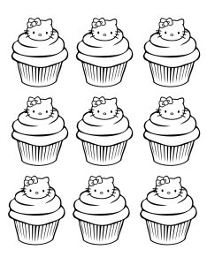 Printable Food Coloring Page for adults : Cupcakes-hello-kitty-simple