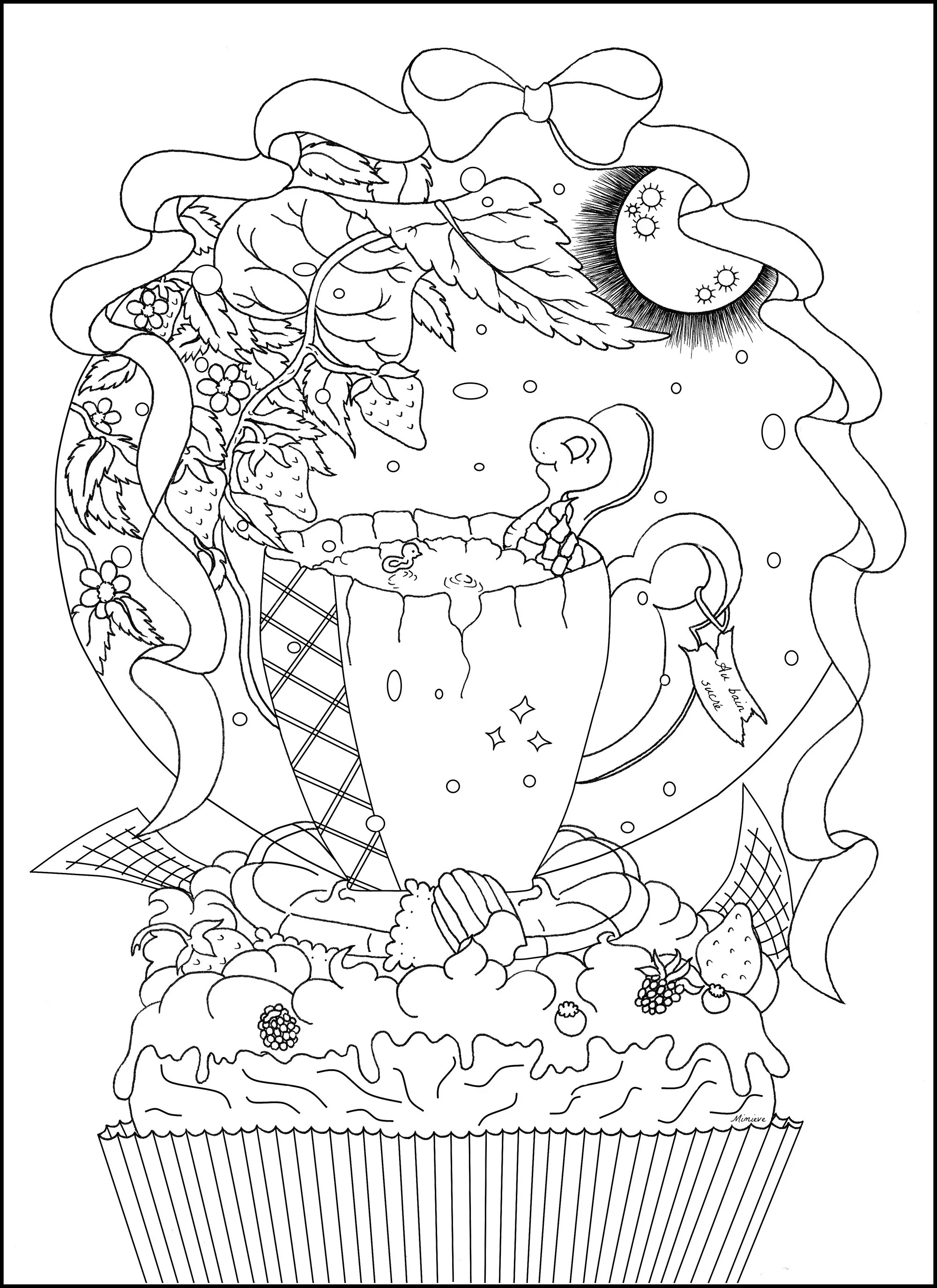 Delicious Strawberry Cupcake (Printable Cupcake and cake Coloring Page for adults)