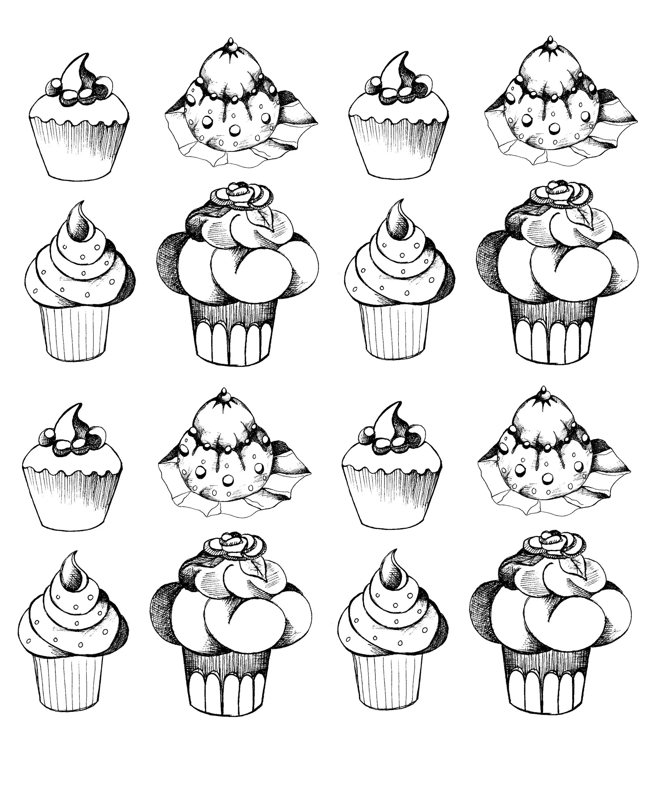 Appetizing cupcakes (Printable Cupcake and cake Coloring Page for adults)