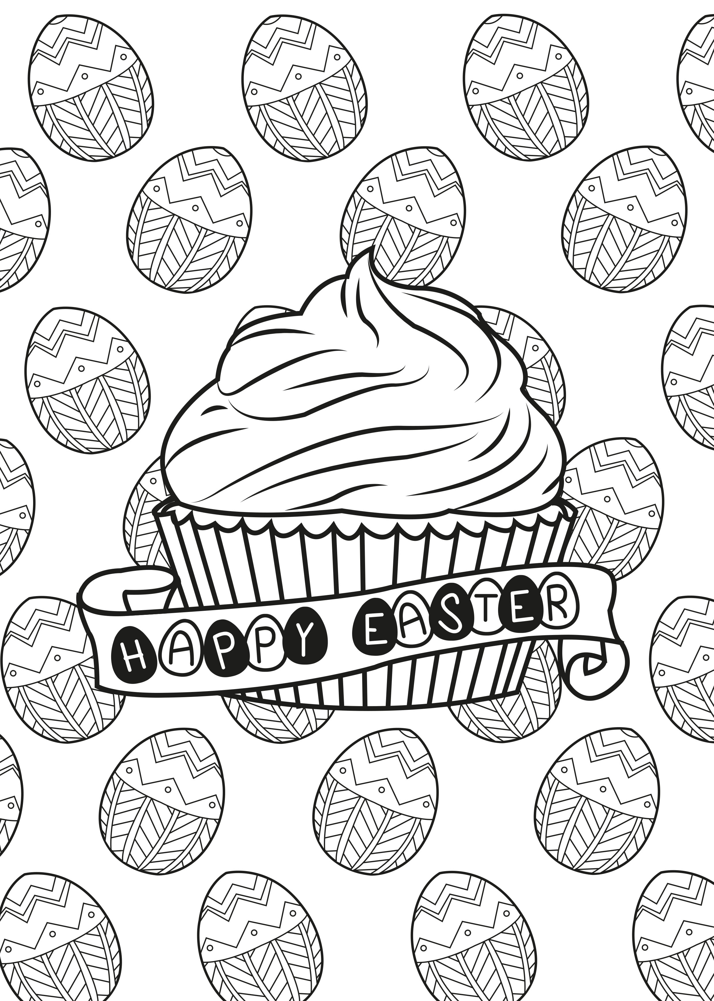 Coloring page of a muffin in the theme of easter with the traditional chocolate eggs in the background !