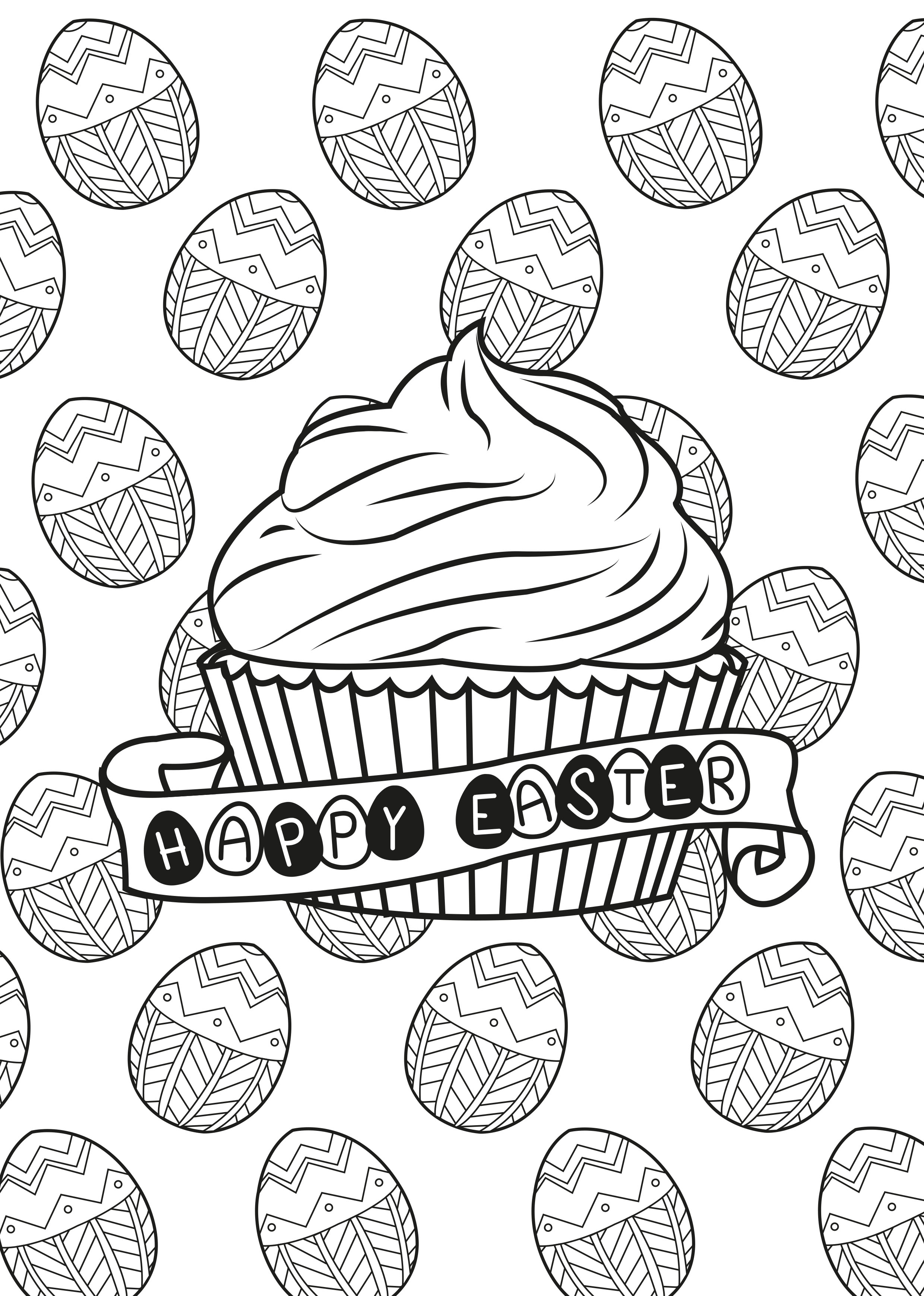 Coloring page of a muffin in the theme of easter with the traditional chocolate eggs in the background !, Artist : Allan