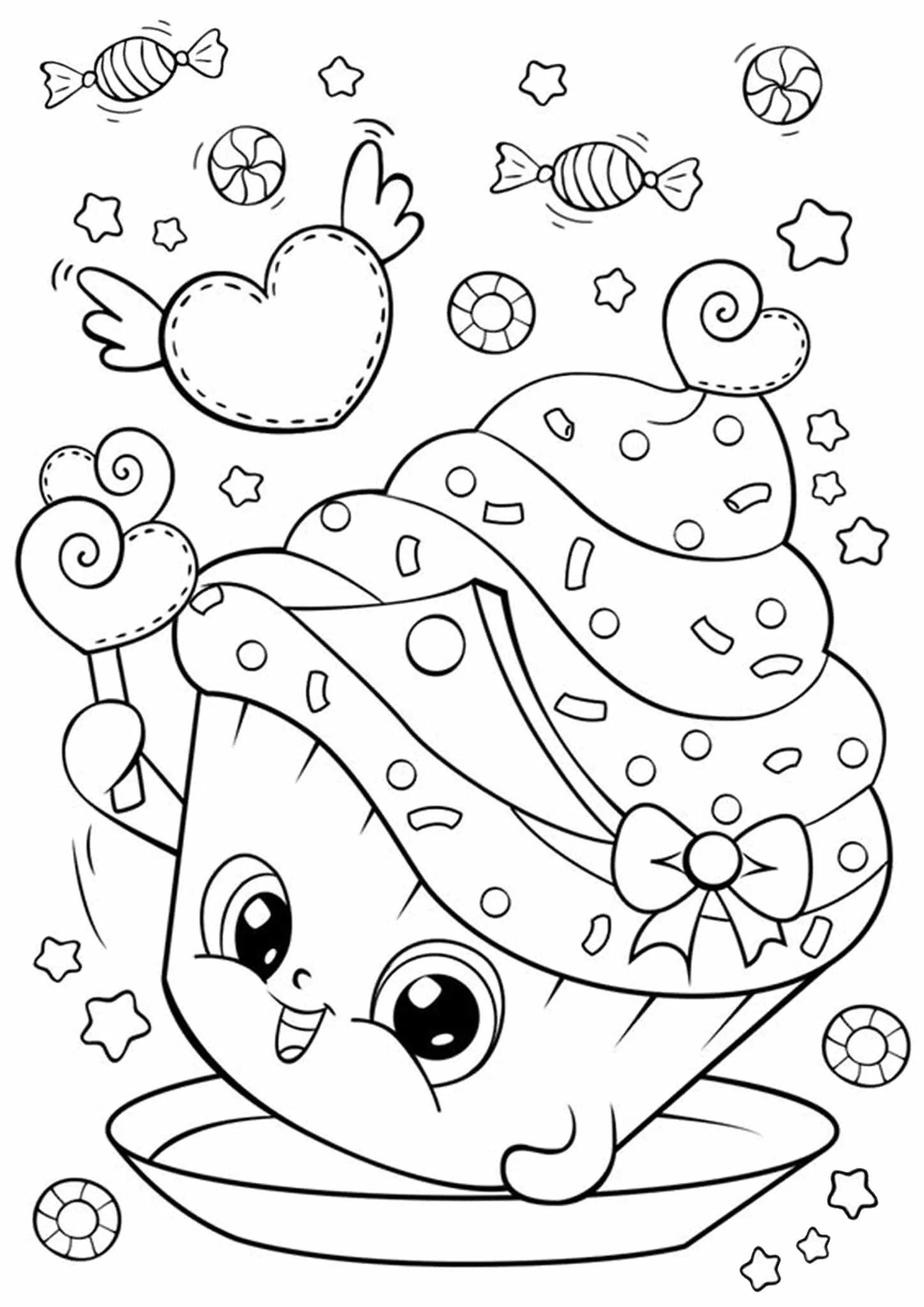 Pretty cupcake surrounded by attractive motifs (Printable Cupcake and cake Coloring Page for adults)