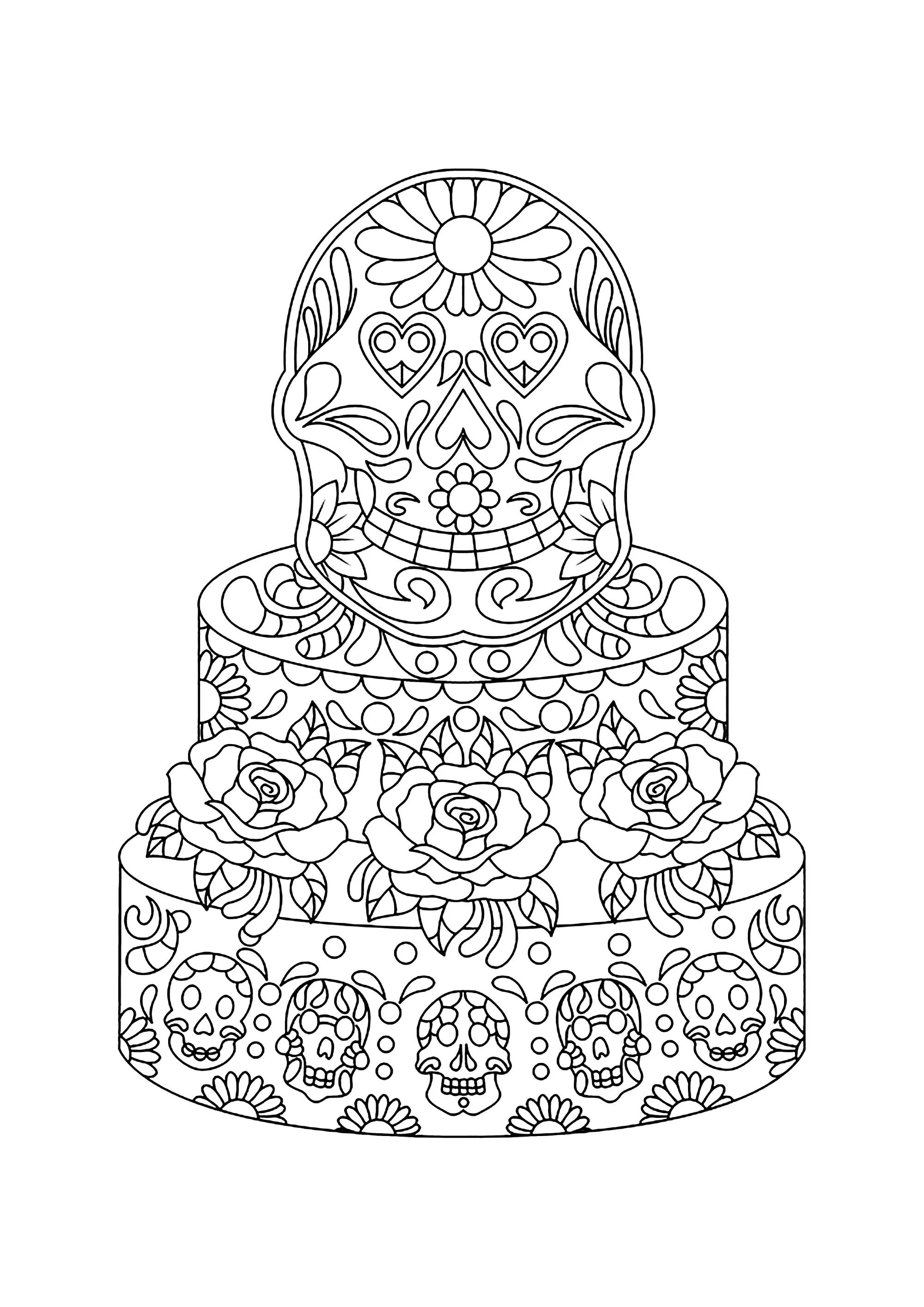 Mexican decorated cake (Printable Cupcake and cake Coloring Page for adults)