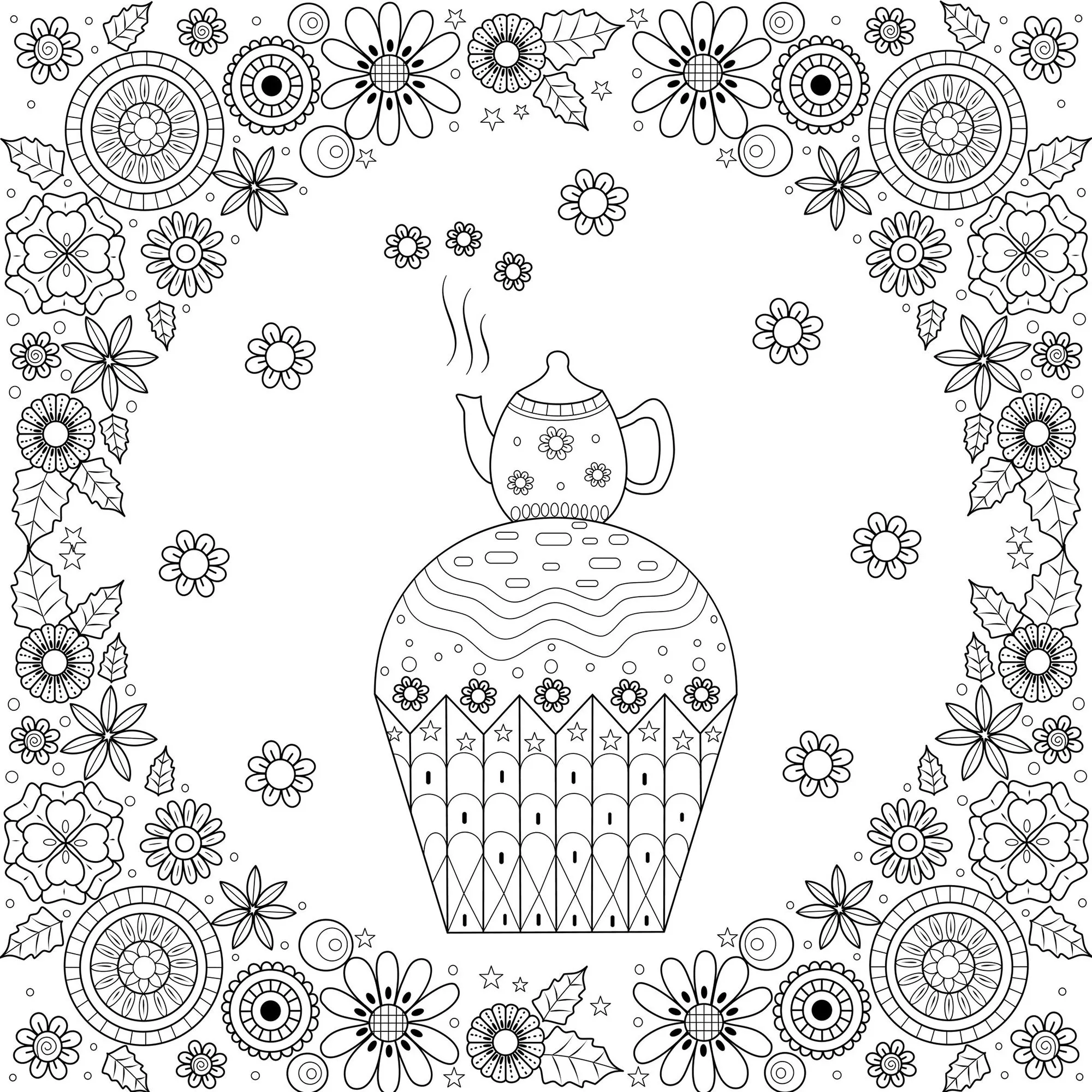 Teapot on a cupcake (Printable Cupcake and cake Coloring Page for adults)