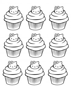 Coloring page of sweet Hello Kitty cupcakes (Cupcake and cake Coloring Page)