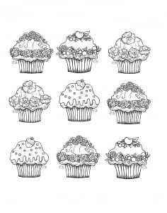 Six cute cupcakes (Cupcake and cake Coloring Page)