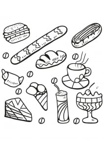 Different desserts, cakes and cupcakes (Cupcake and cake Coloring Page)