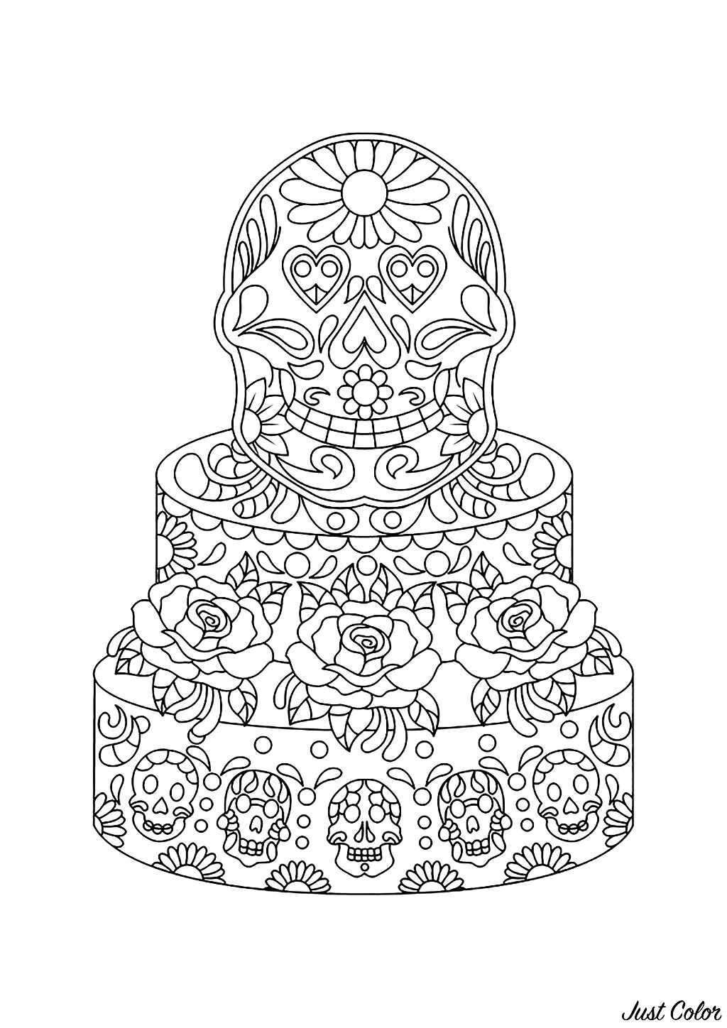 With its large Mexican masks, this coloring page will make you travel to Dia de los Muertos!. Delicate details and a harmonious style contribute to the beauty of this coloring drawing. You'll love coloring it in and feel like you're in Mexico on the Day of the Dead! So, ready to get started?