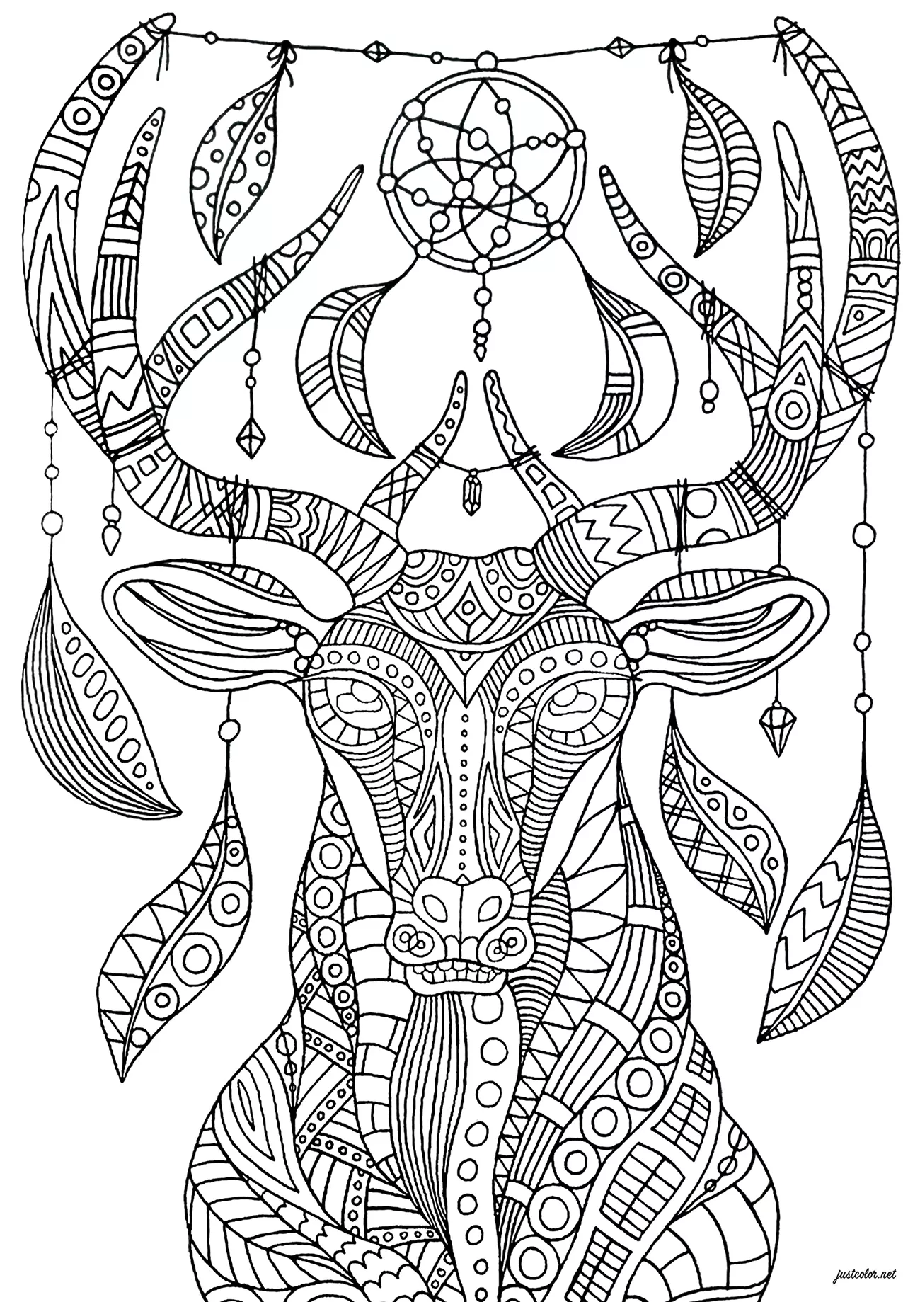 Dreamcatcher deer - complex (Printable Coloring Page for adults)