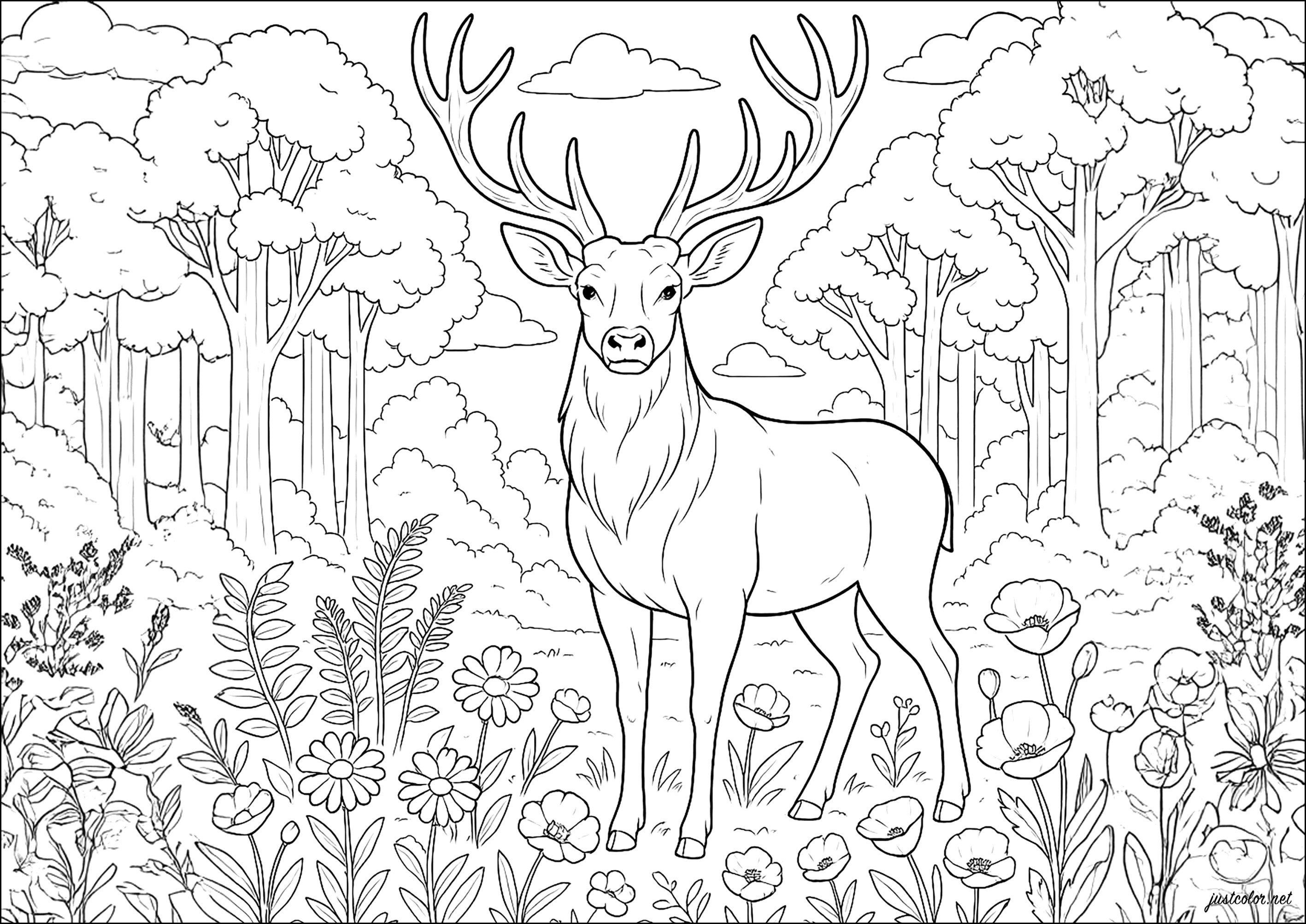 Majestic deer in a magnificent forest (Printable Coloring Page for adults)