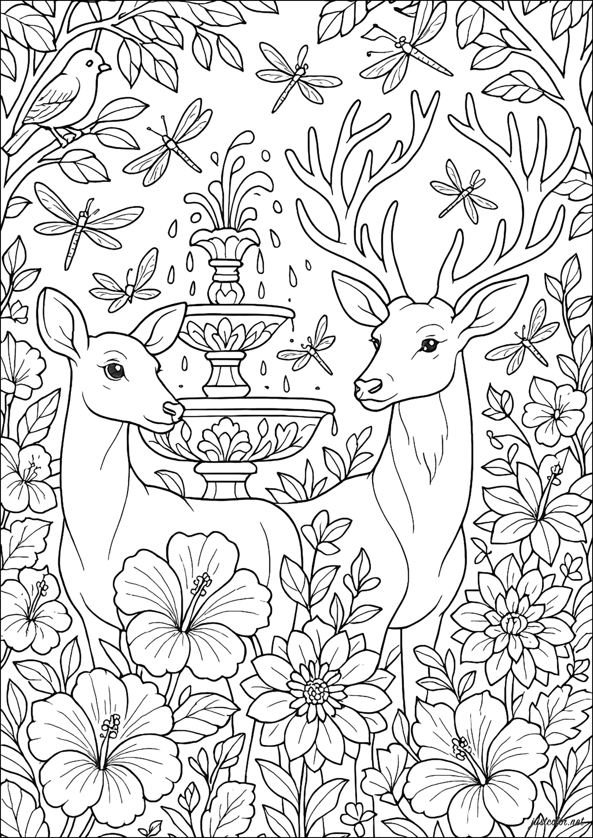 Majestic stags in an enchanted garden (Printable Deer Coloring Page for adults)