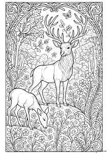 Elegant deer in an enchanted forest (Coloring Page)