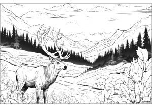 Elk in the forest with mountains