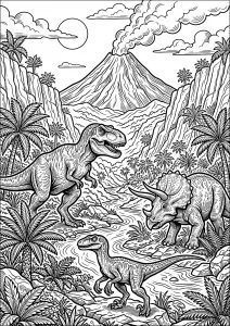 Dinosaurs at the foot of the volcano
