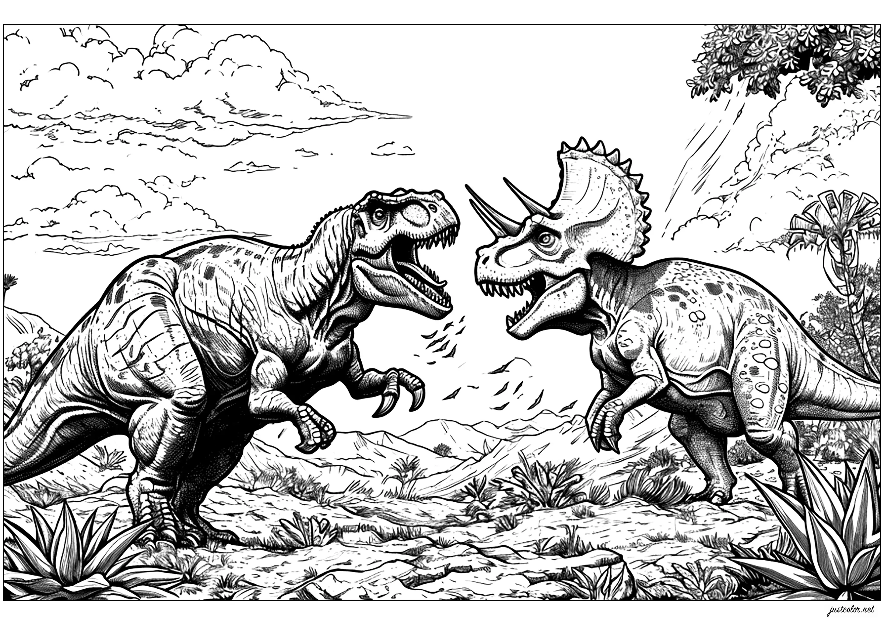 A fight between two dinosaurs (Printable Coloring Page for adults)
