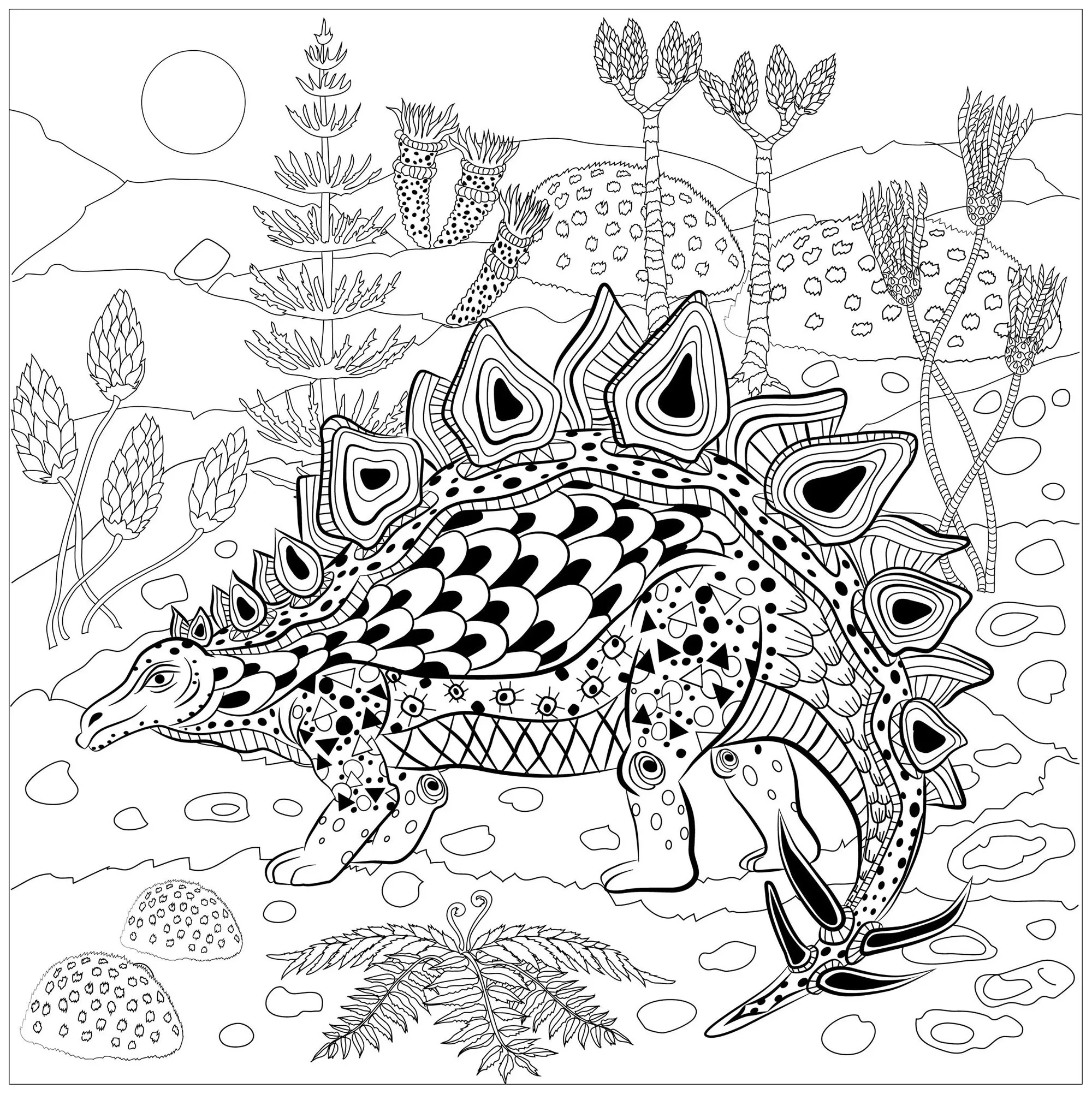 Stegosaurus in nature (Printable Dinosaur Coloring Page for adults)