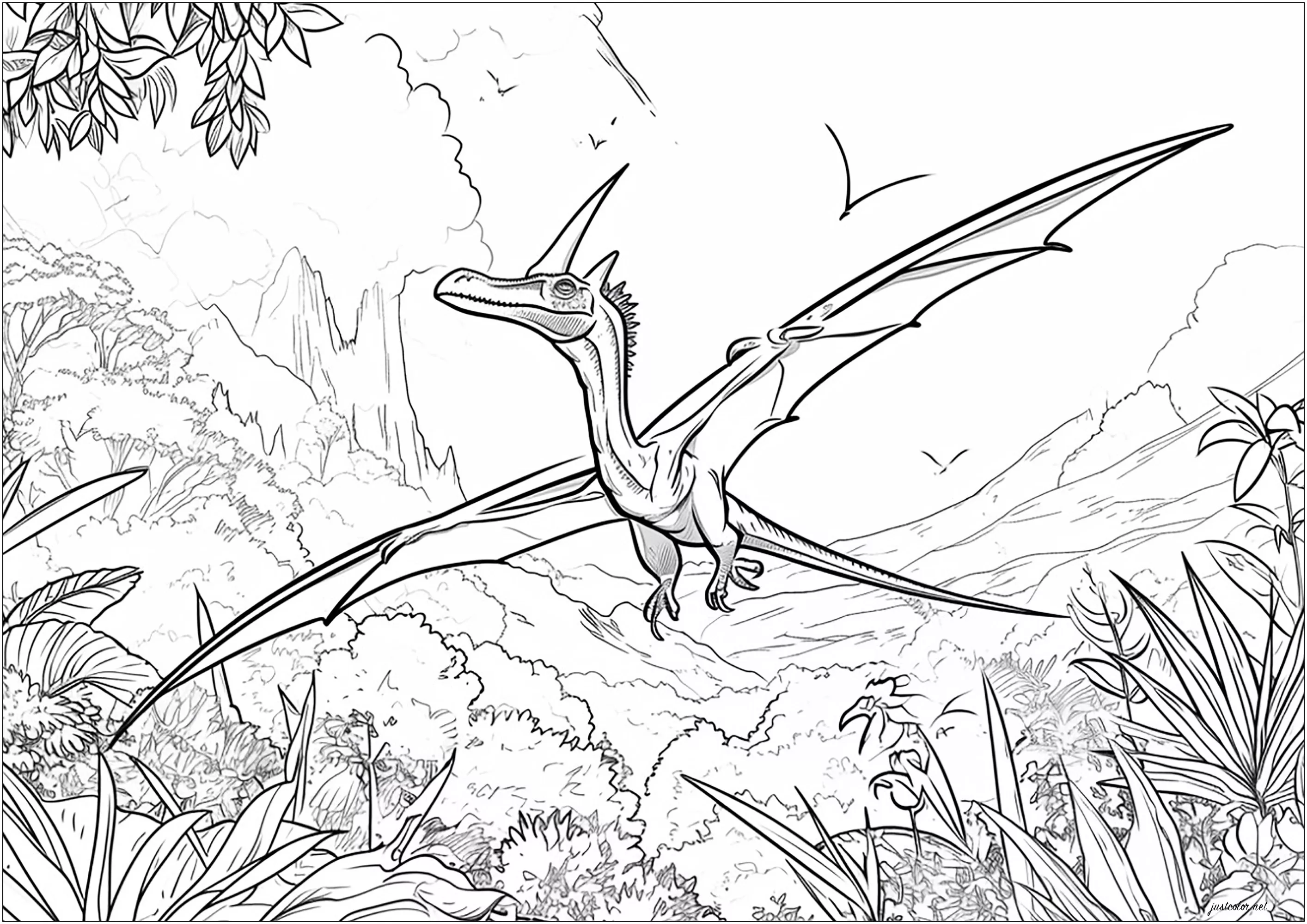 Pterodactyl above a forest (Printable Dinosaur Coloring Page for adults)
