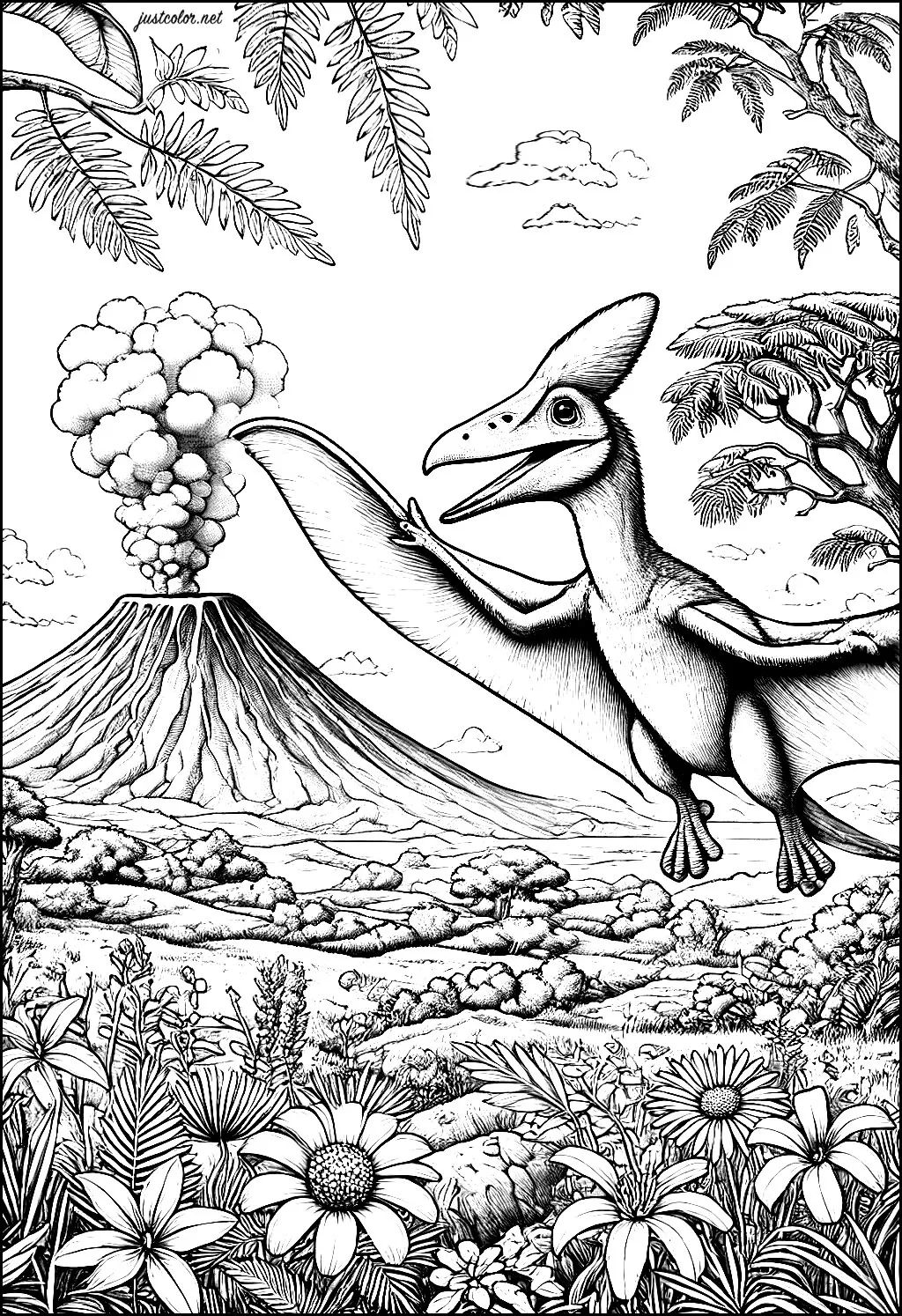 Pteranodon above a flowery volcanic landscape (Printable Dinosaur Coloring Page for adults)