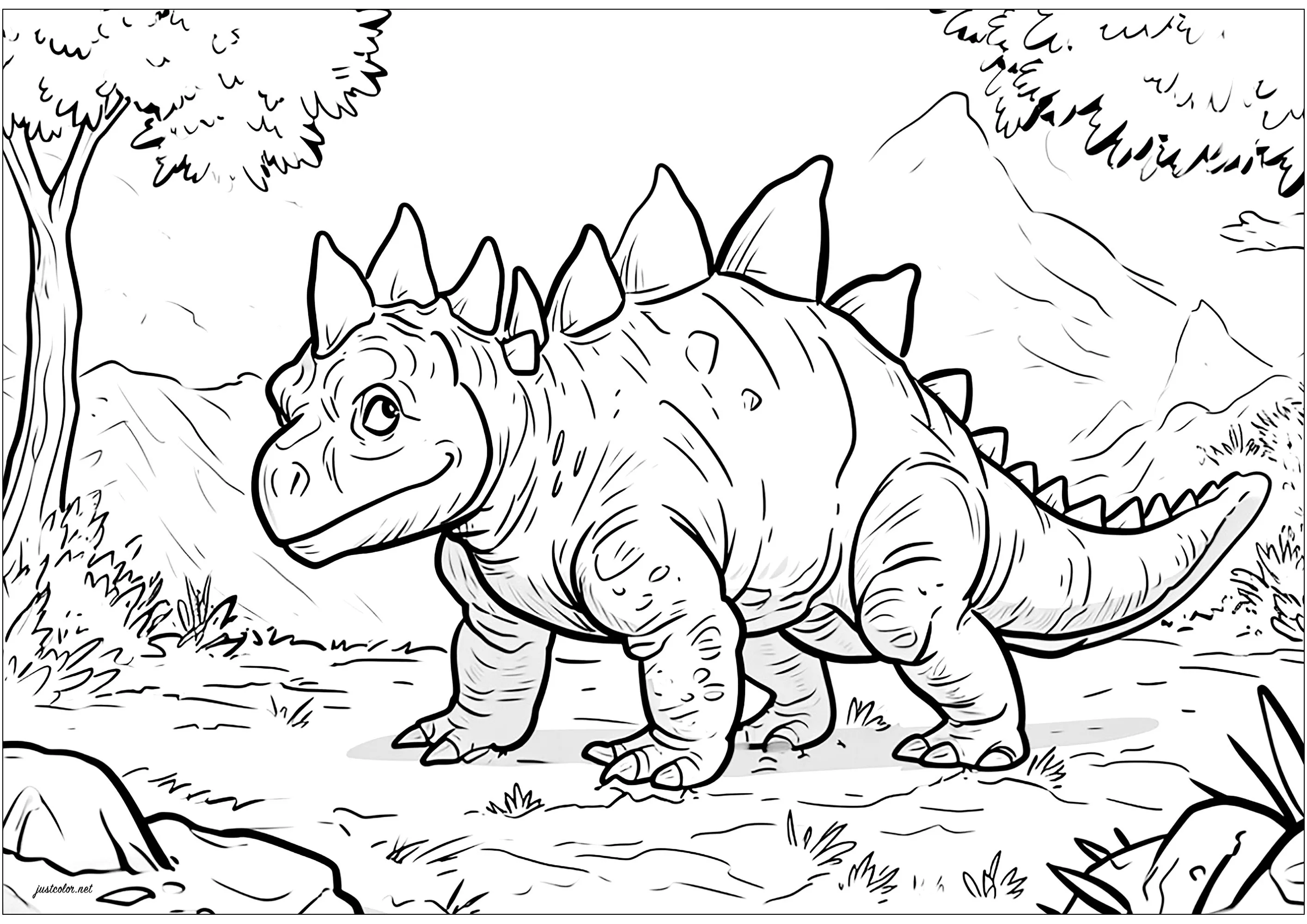 Stegosaurus in a forest (Printable Dinosaur Coloring Page for adults)