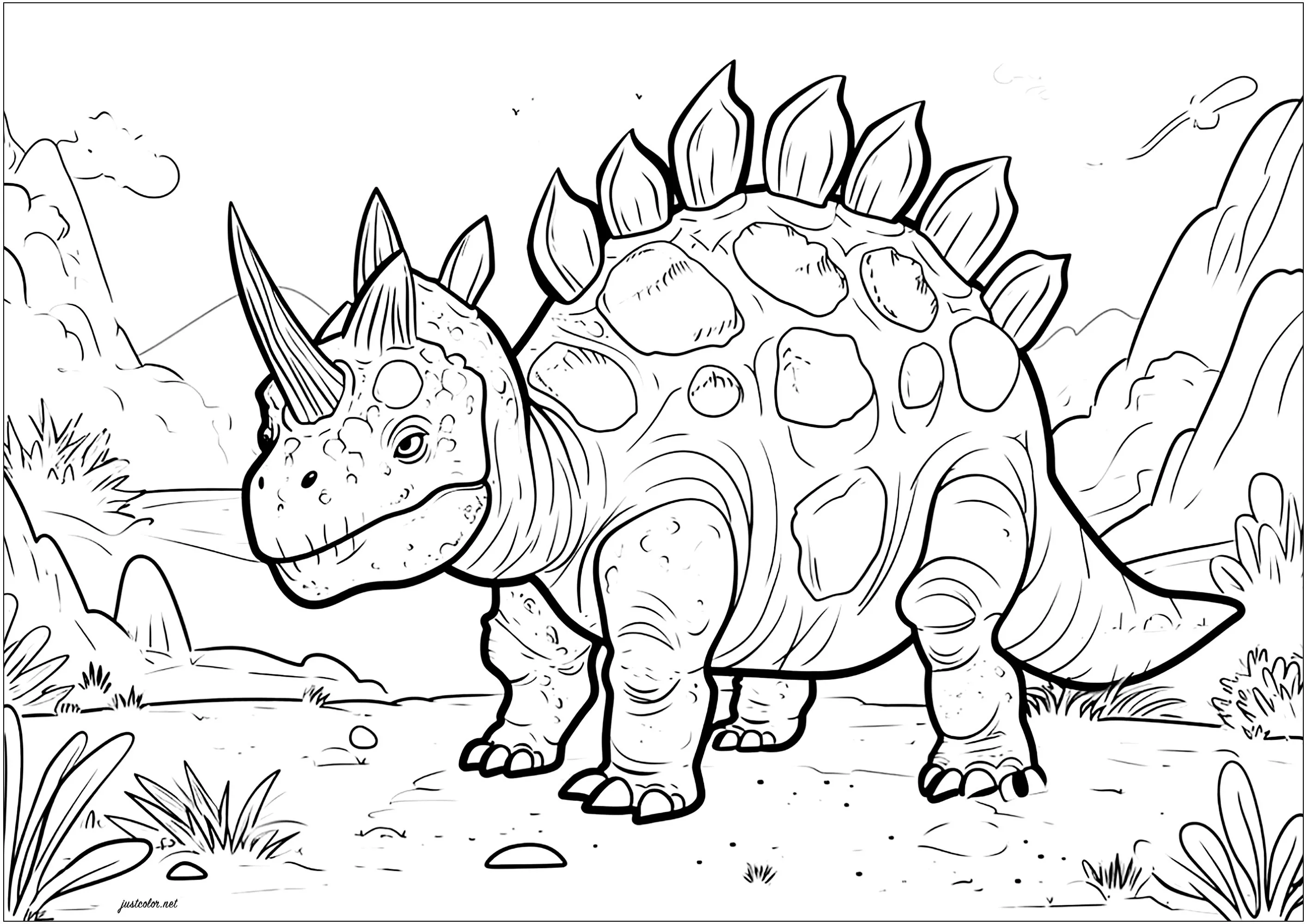 Stegosaurus with mountains in the background (Printable Dinosaur Coloring Page for adults)