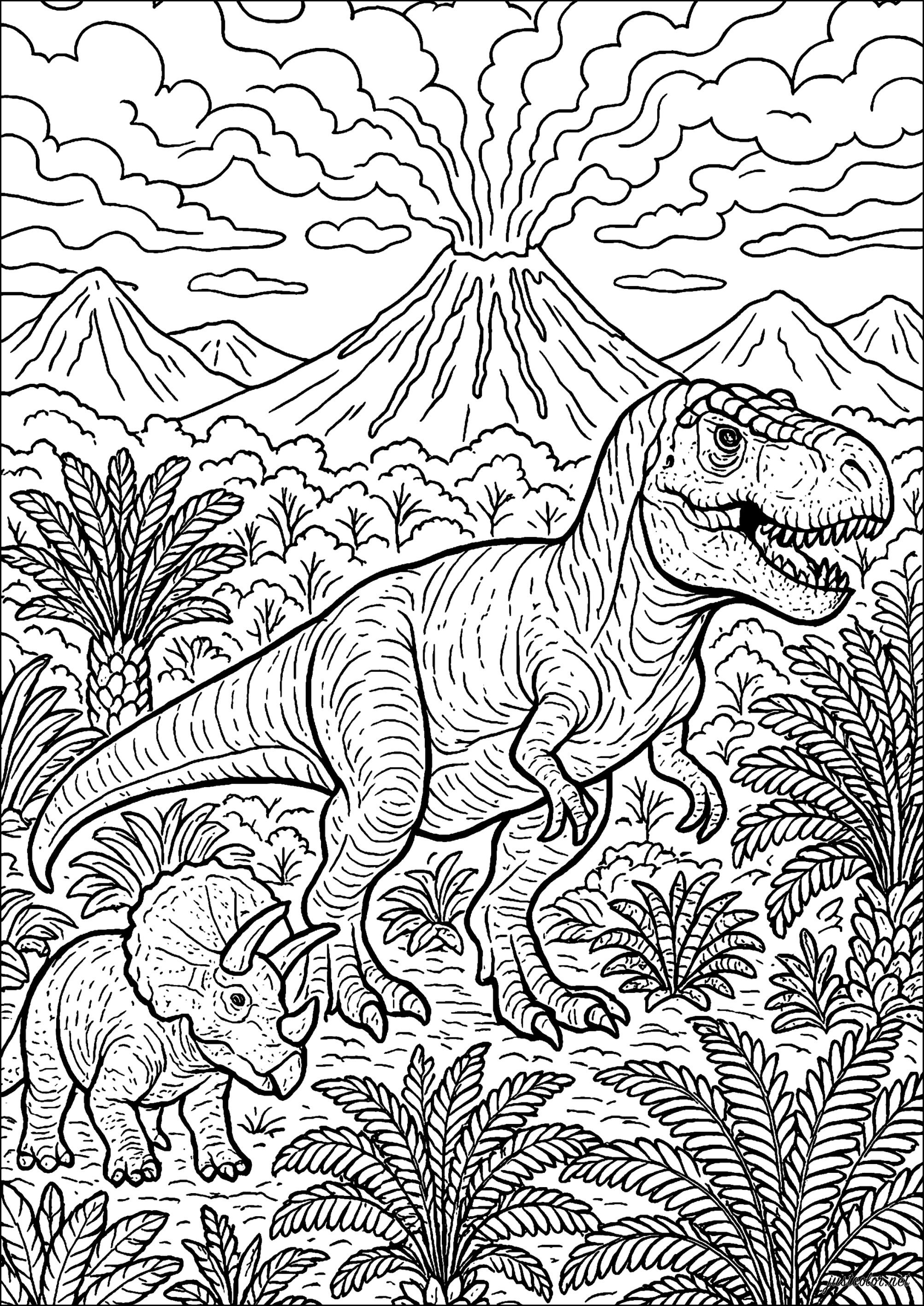Back to prehistoric times (Printable Dinosaurs Coloring Page for adults)
