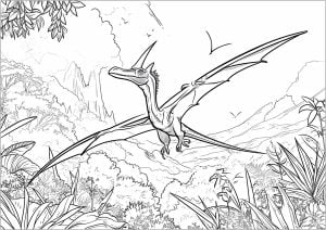 Pterodactyl above a forest (Dinosaur Coloring Page)