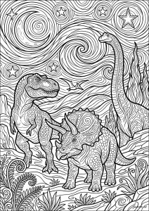 Three dinosaurs under a starry sky