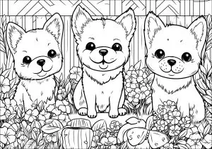 Three little dogs in a flower garden