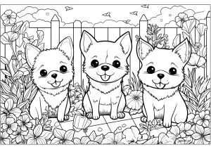 Three cute puppies in a garden