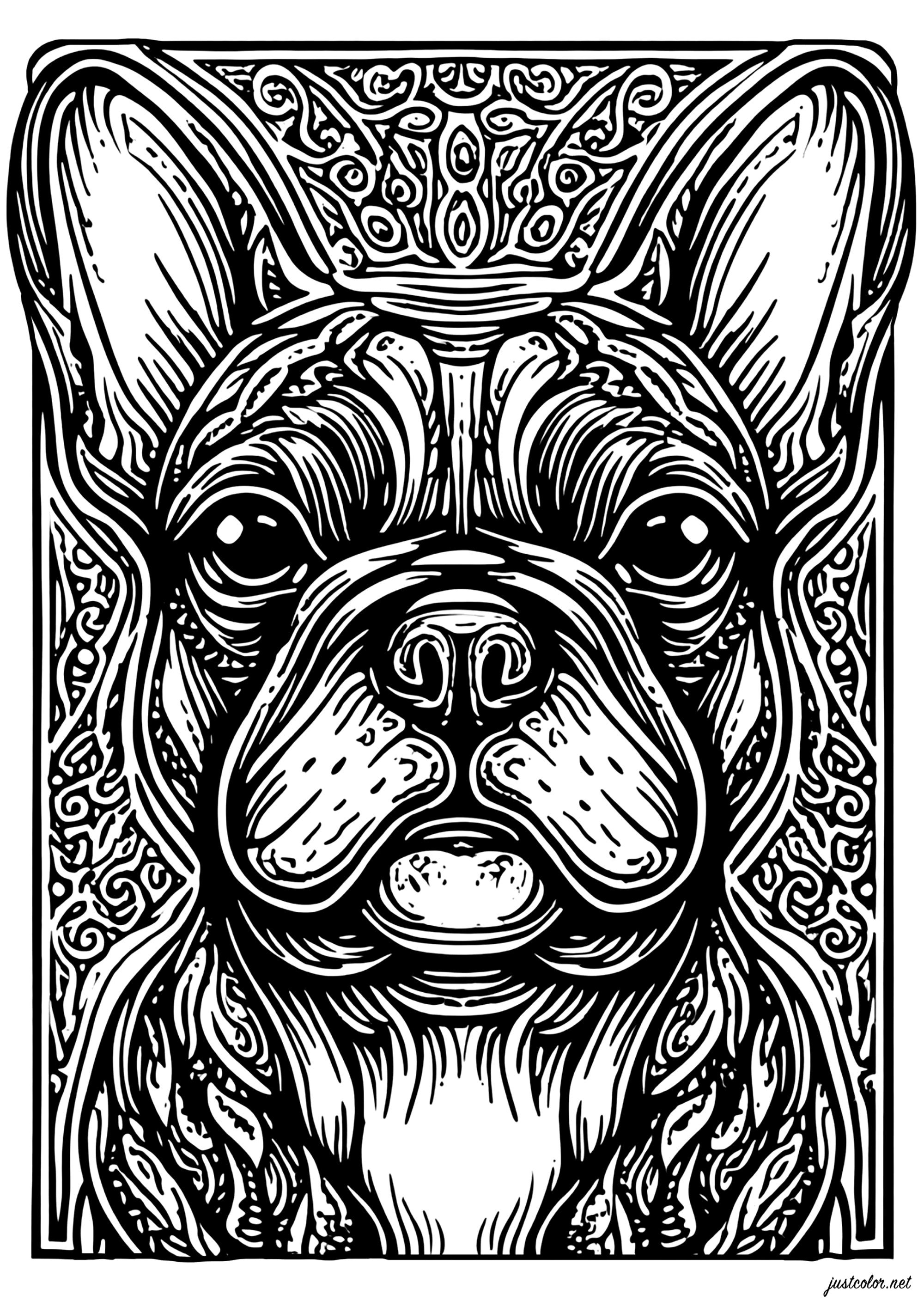 Stylized portrait of a French Bulldog (Printable Dog Coloring Page for adults)