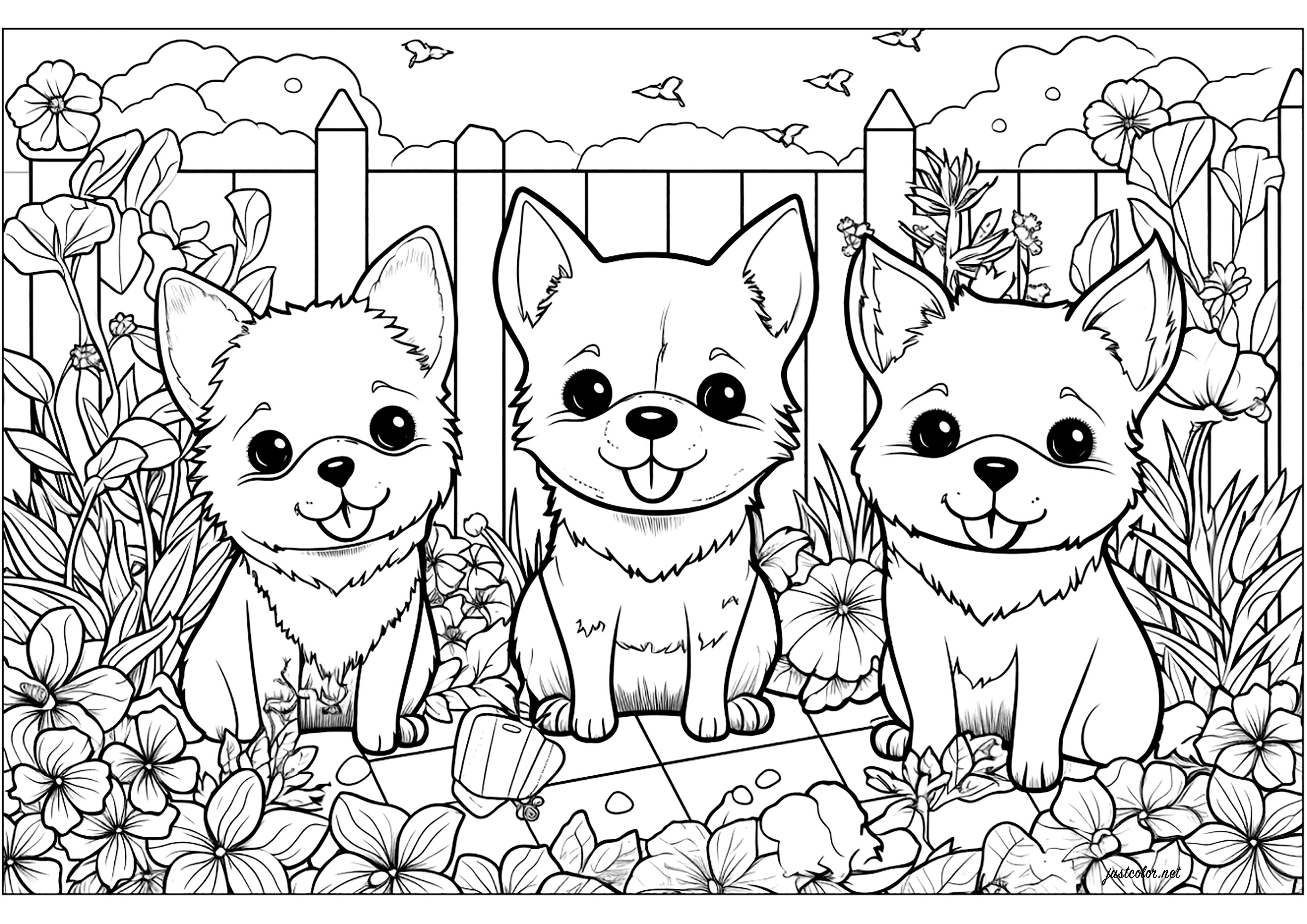 Three cute puppies surrounded by flowers