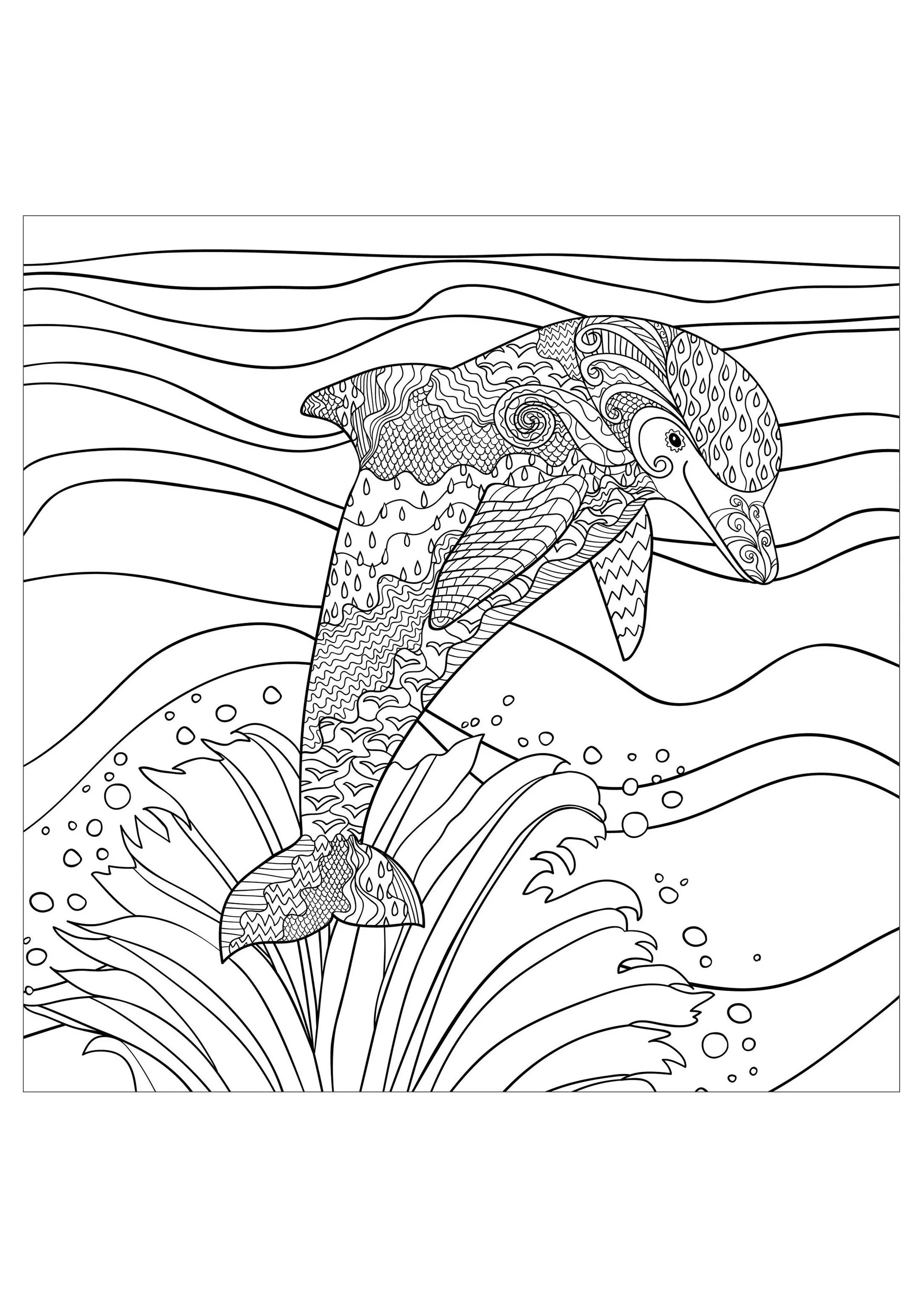 Dolphin waves sea (Printable Coloring Page for adults)