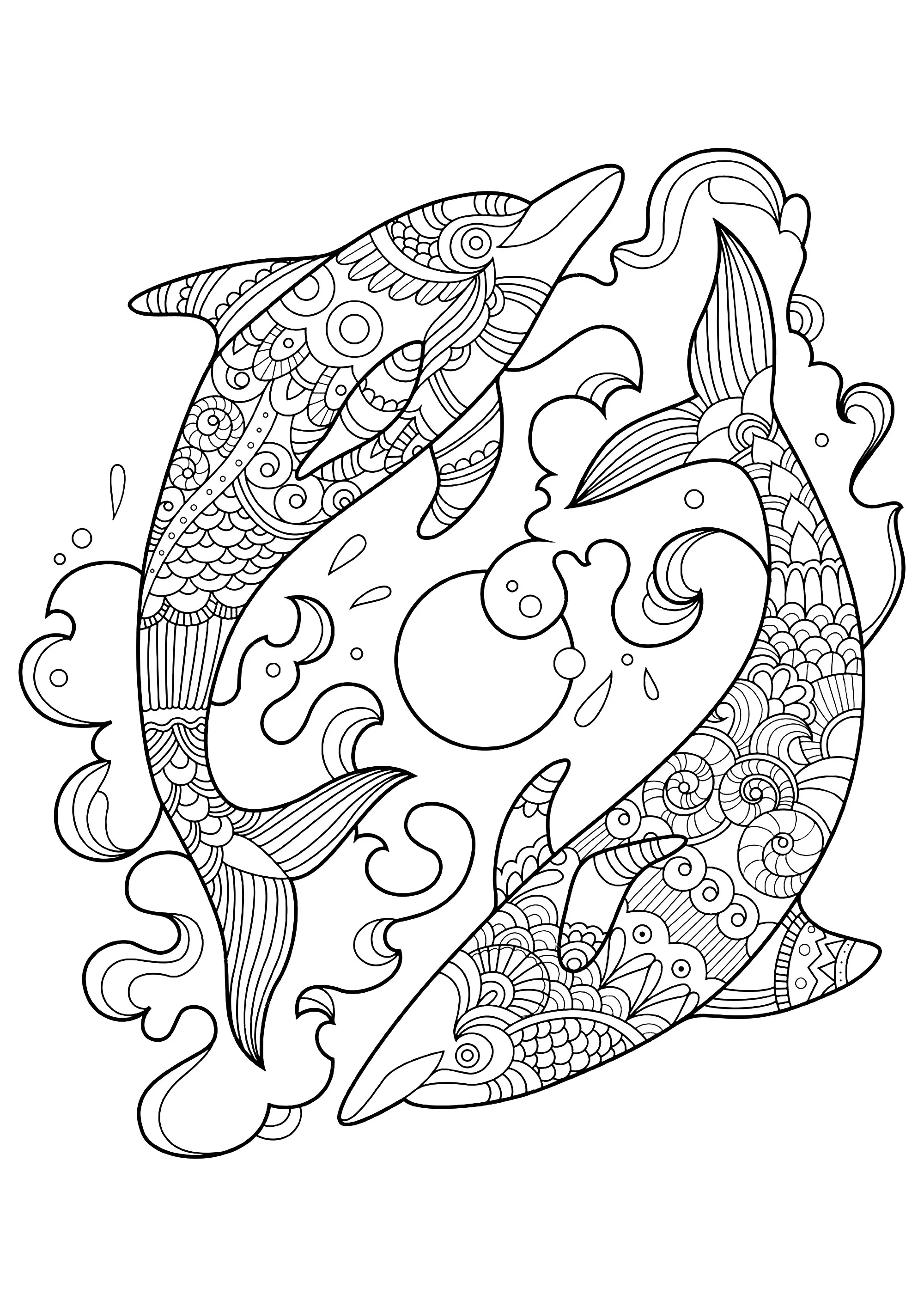 Two dolphins in the ocean (Printable Coloring Page for adults)