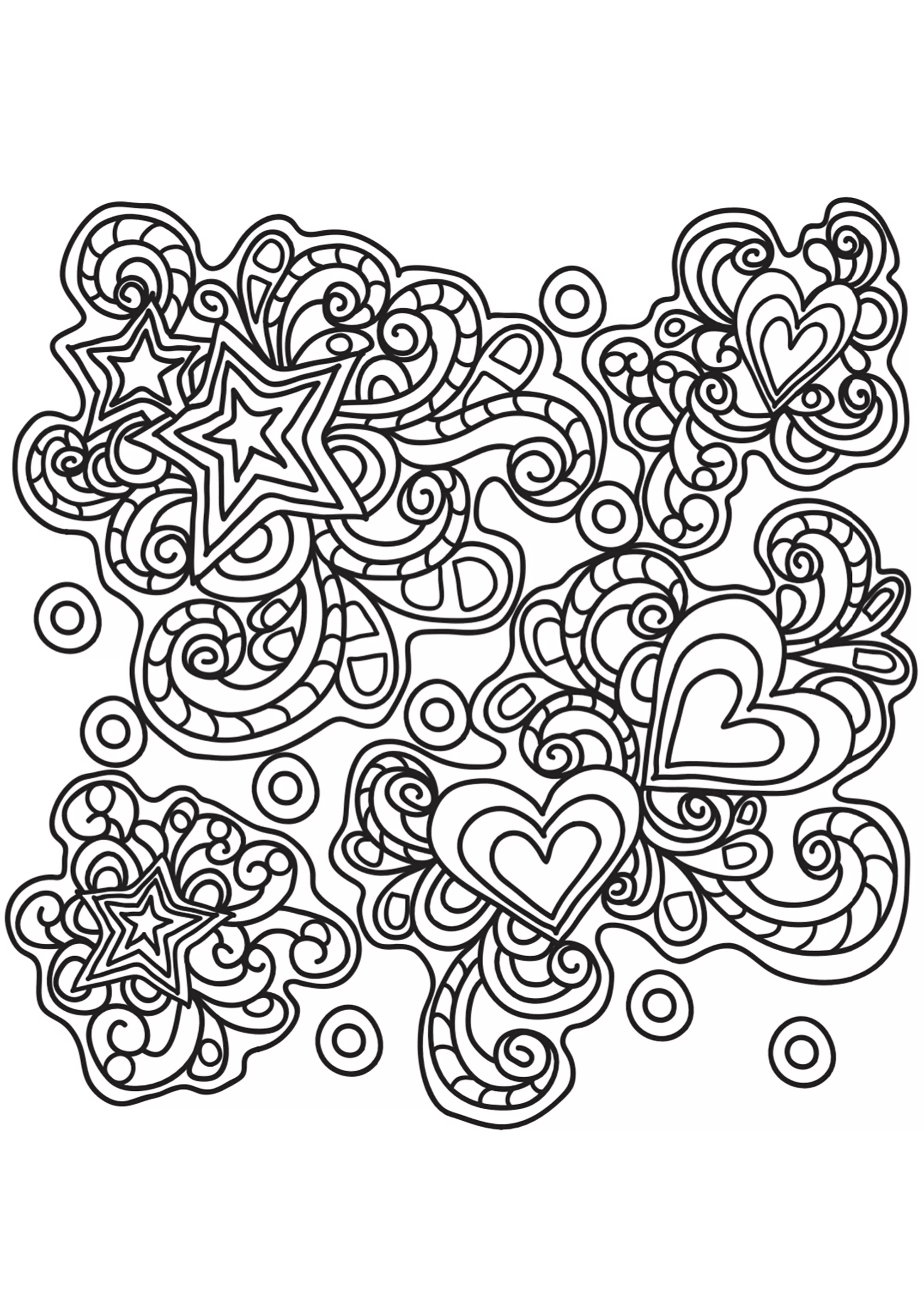 Doodle with hearts and stars (Printable Doodle Art / Doodling Coloring Page for adults)